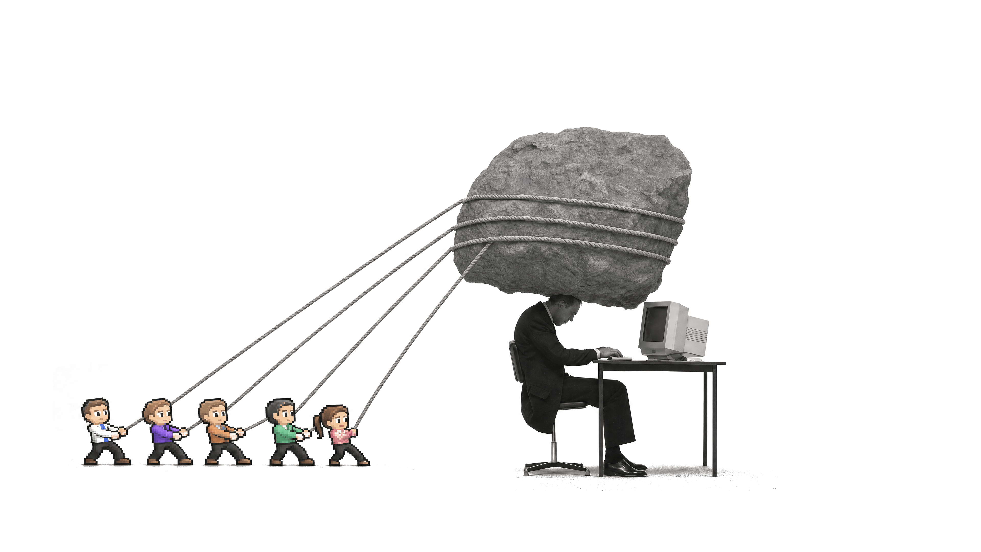 An employee surrounded by ELRIC AI agents helping carry their workload