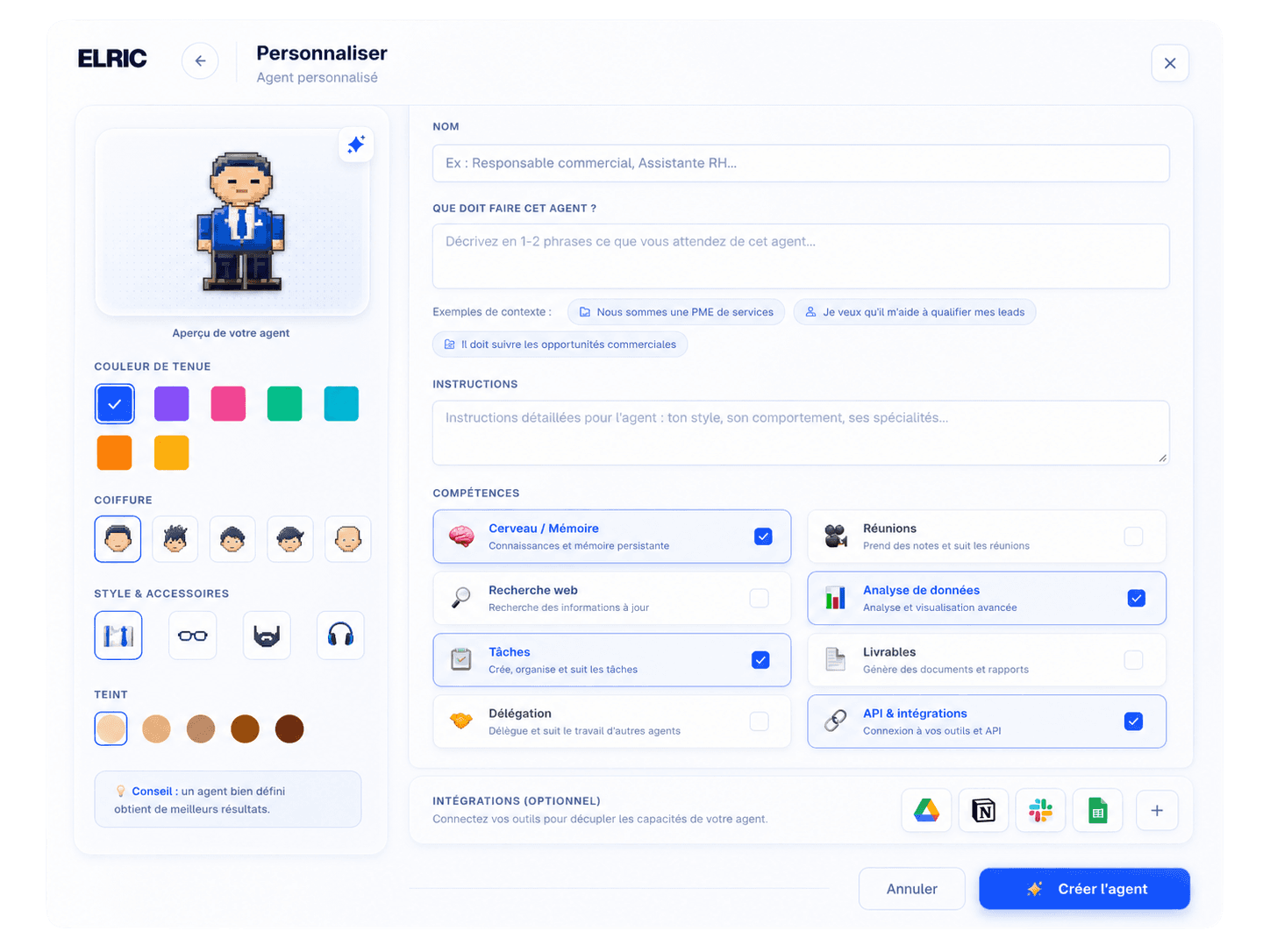 ELRIC interface for creating a custom AI agent with avatar, mission, capabilities, and integrations.